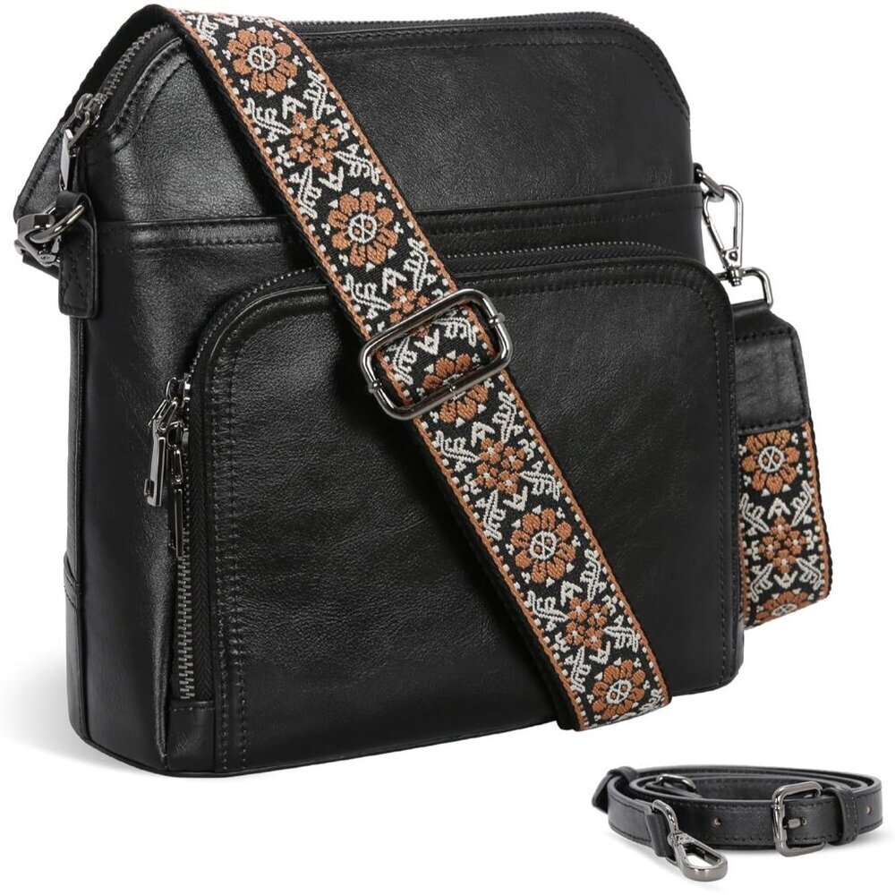 Women Black Leather Imported Zipper Purse Crossbody Shoulder Bag